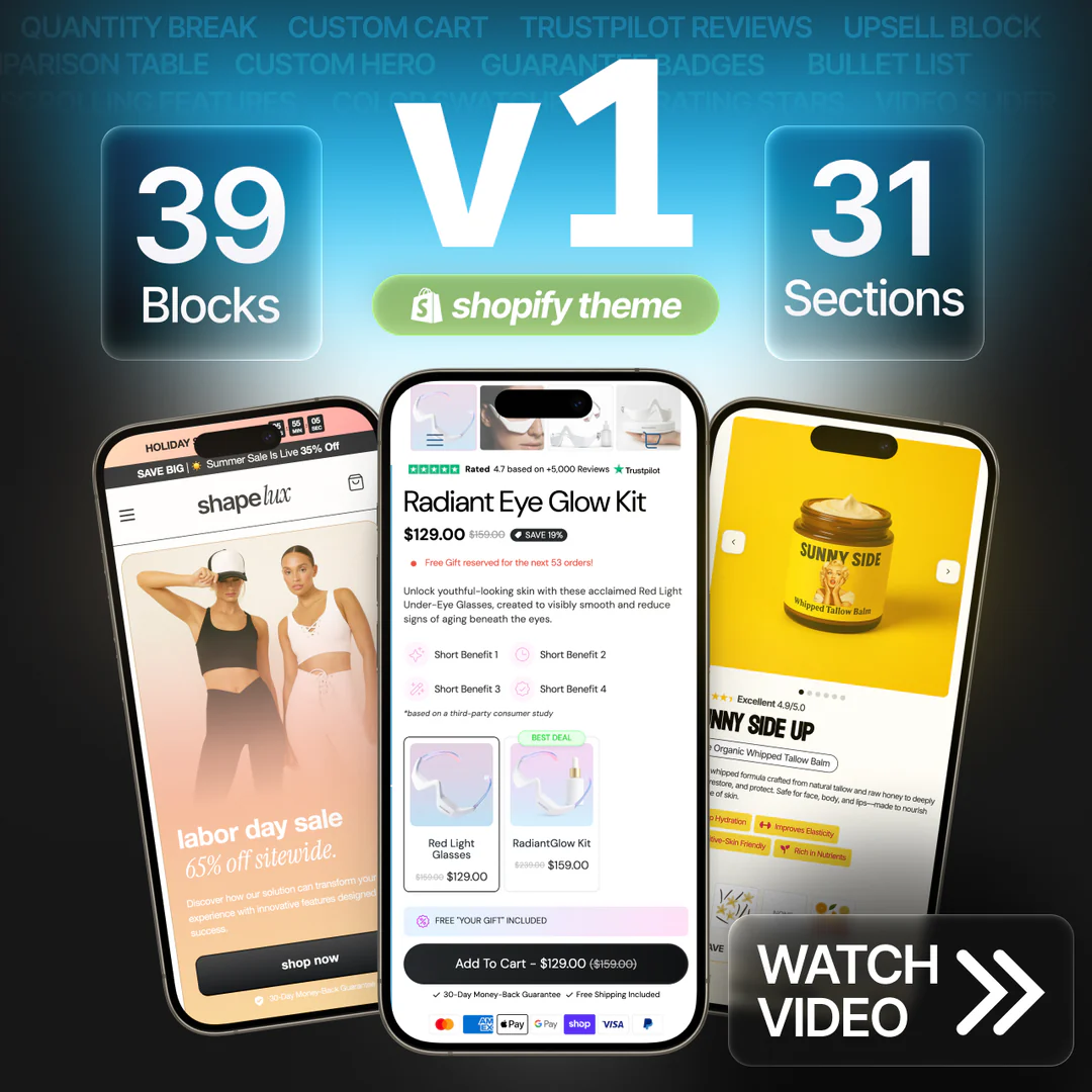 Elixir Theme V1 — three storefront mockups across mobile devices